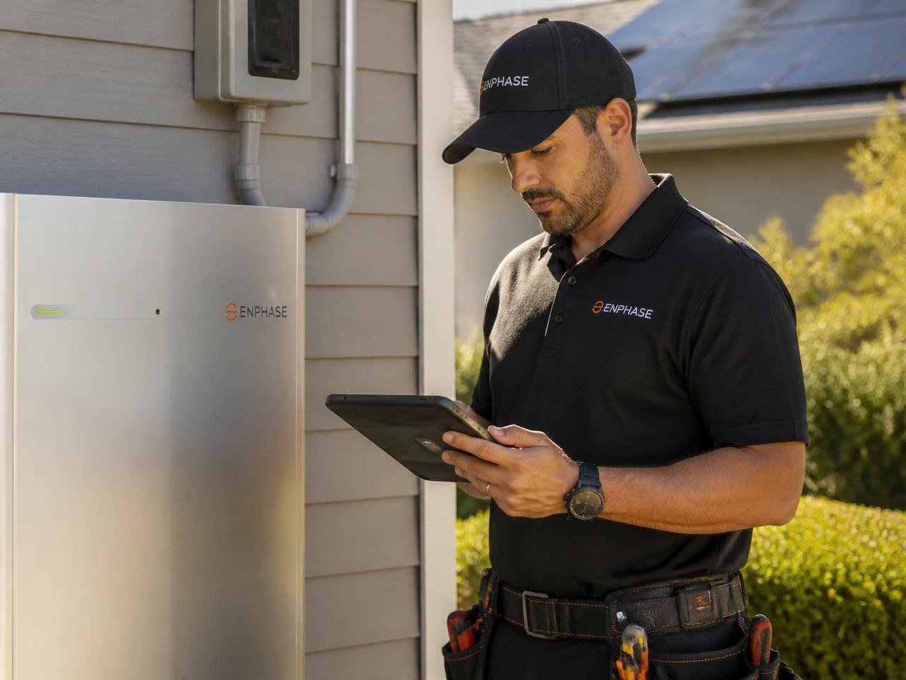 Installateur controleert een thuisbatterij-installatie met een tablet