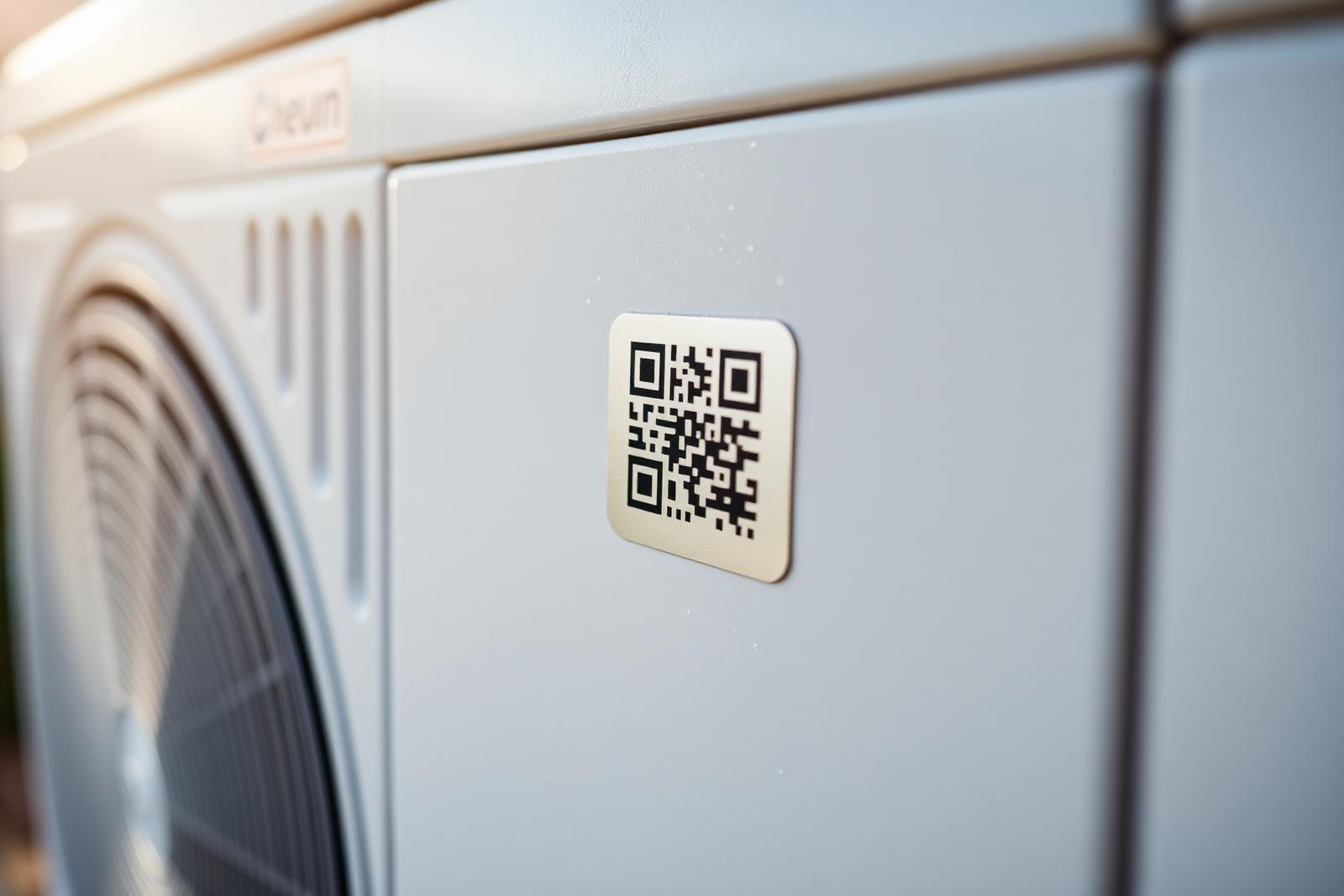 Duurzame QR-sticker op een warmtepomp-buitenunit