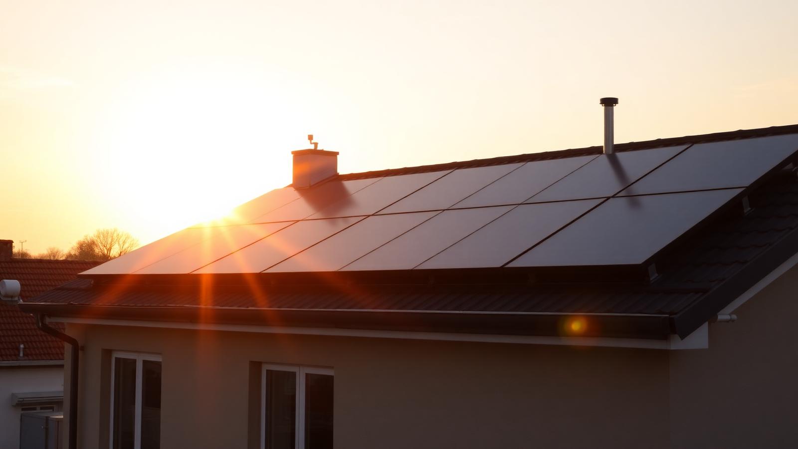 Zonnepanelen bij warme avondzon op een Belgisch dak